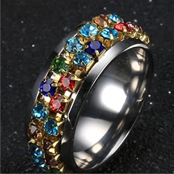 Fidget Spinner Stainless Steel Multicolor Jeweled Ring, Size 6 - Picture 5 of 9
